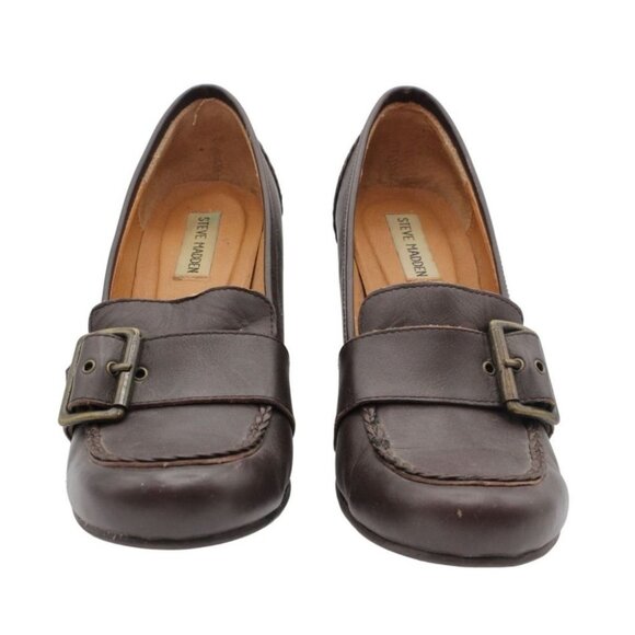 Vintage 90s Steve Madden Brown Leather Slip On Oxford Chunky Heel Shoes Size 8.5 - Picture 2 of 6